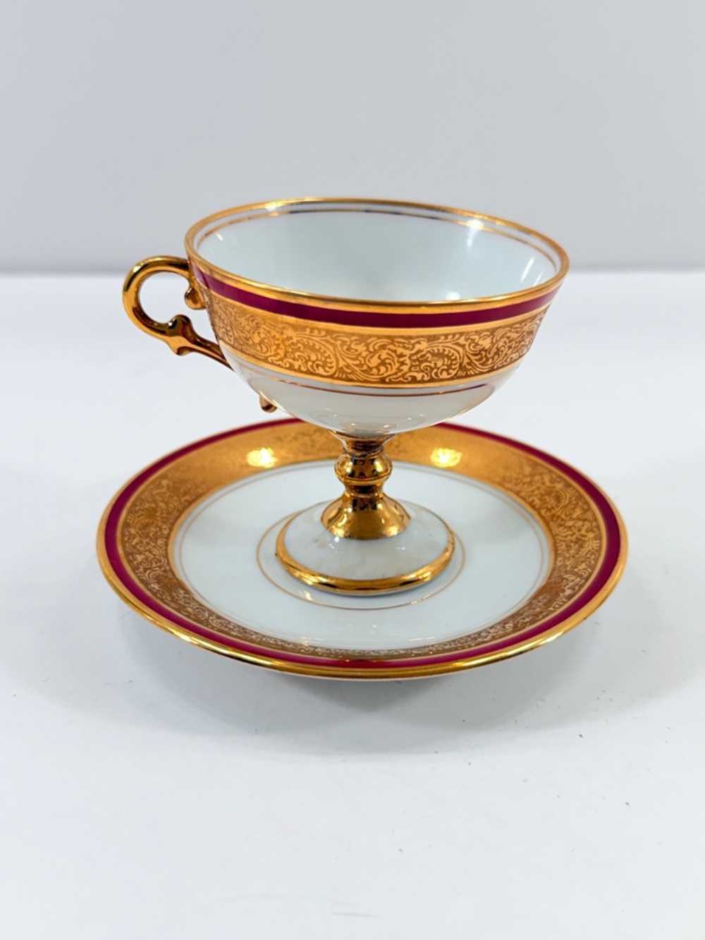 Limoges France Porcelain Footed Tea Coffee Cup & Saucer Gold Red Glitter Vintage